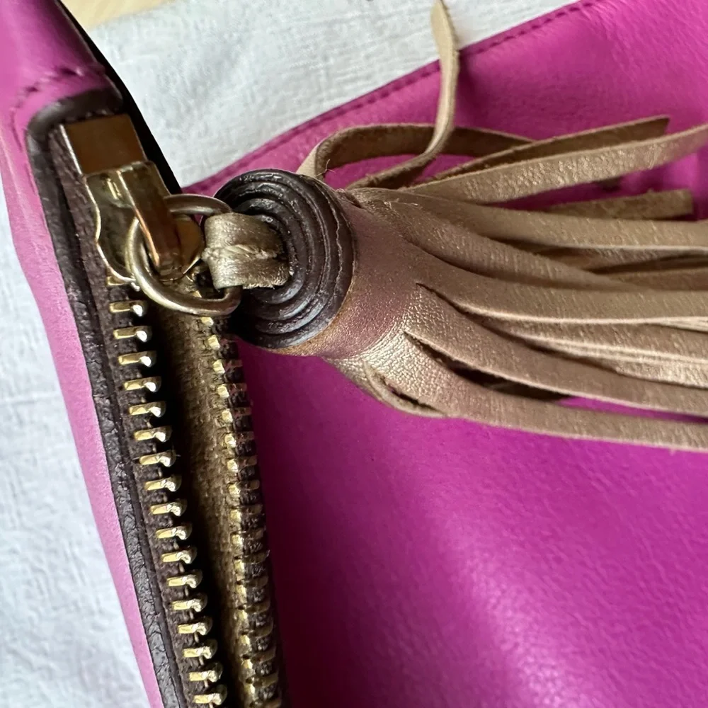 Quiet Luxury CH Carolina Herrera Fold-Over Fuchsia Clutch With Bronze Tassel